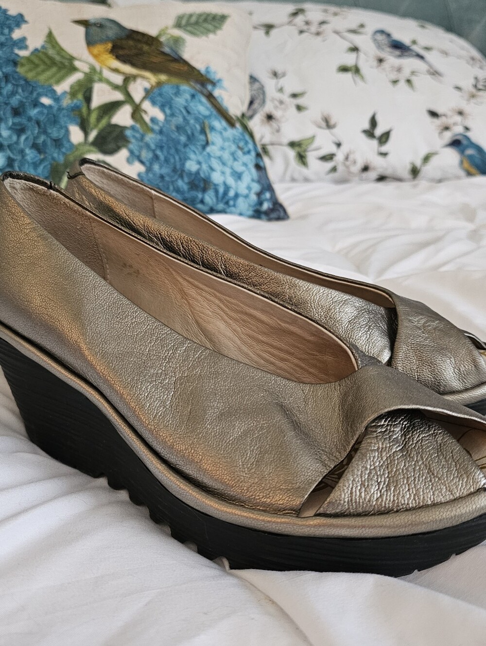 Fly London Women’s Metallic Silver Peep-Toe Wedges